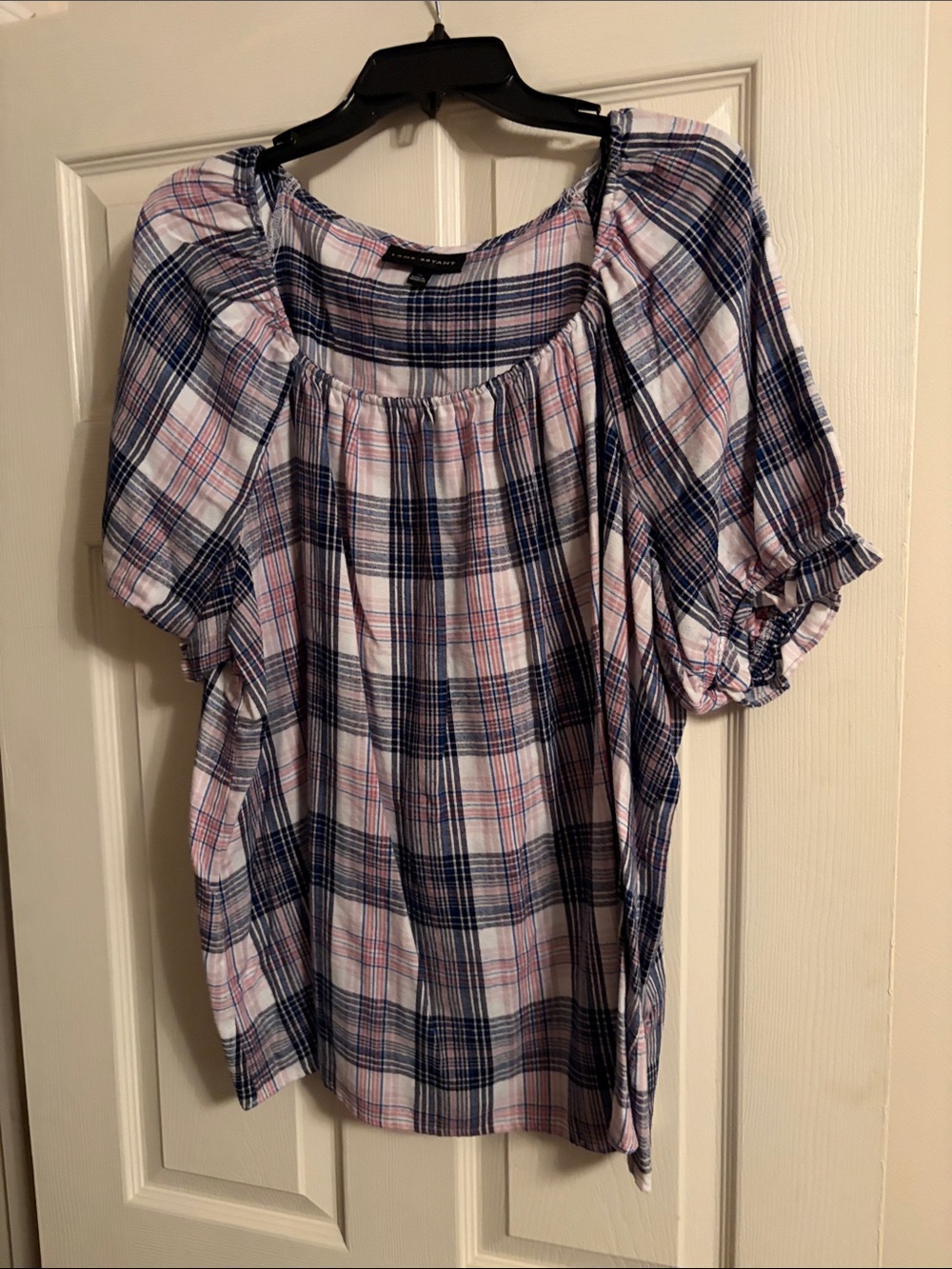 Lane Bryant Navy and Pink Plaid Peasant Top